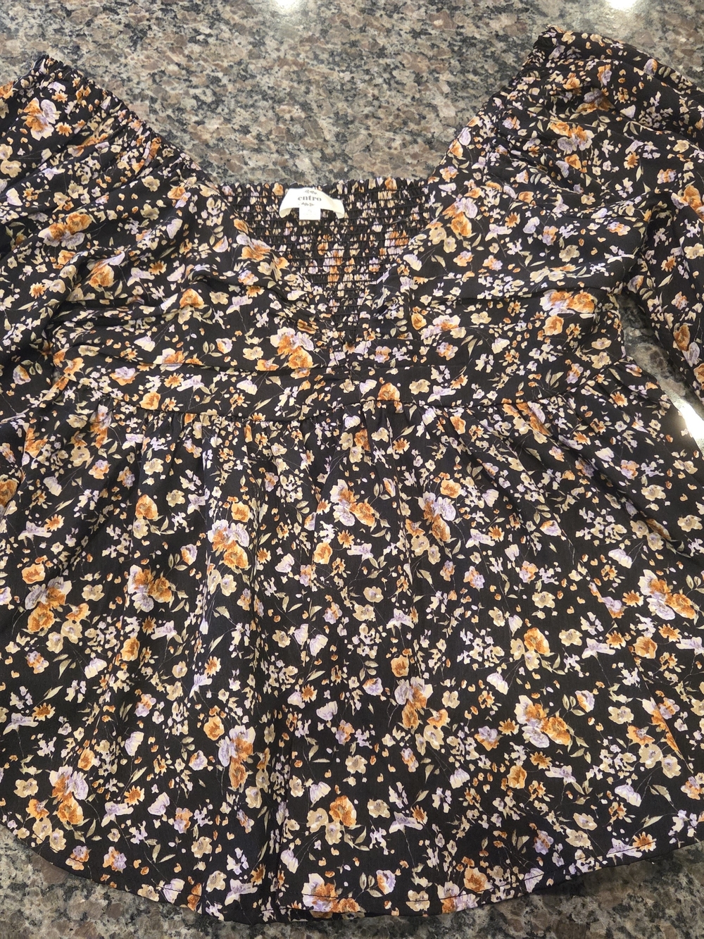 entro Black Floral Smocked Top with Orange & Lilac Blooms